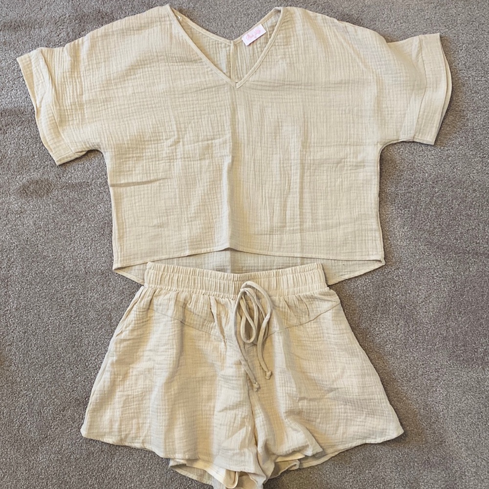 Pink Lily Tan Gauze Shorts and Top Matching Set